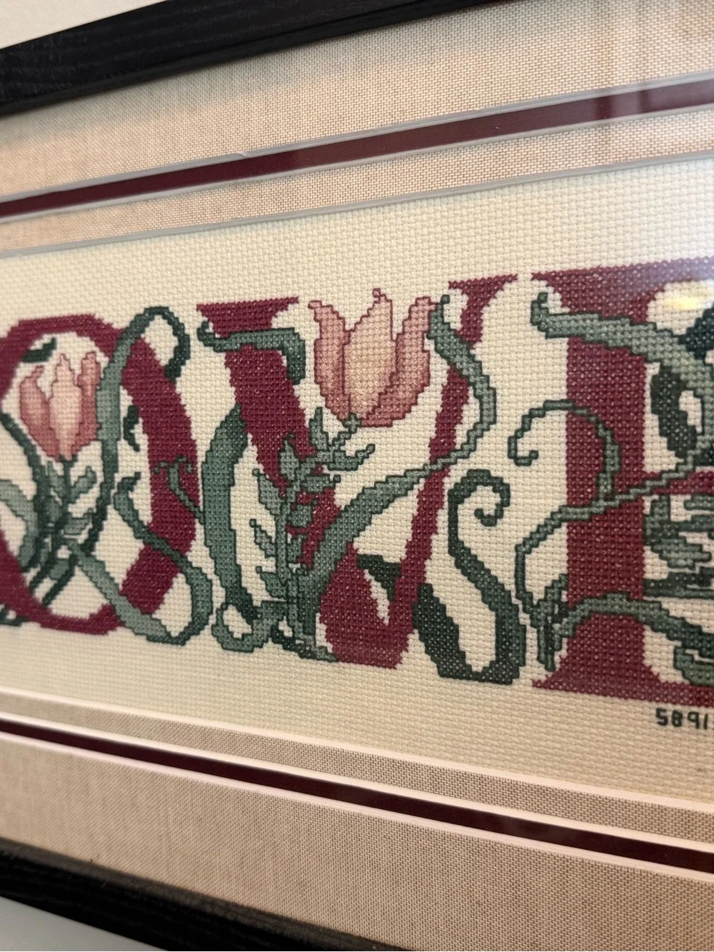 Black Framed Floral Cross-Stitch Wall Art - Neutral and Burgundy Accents